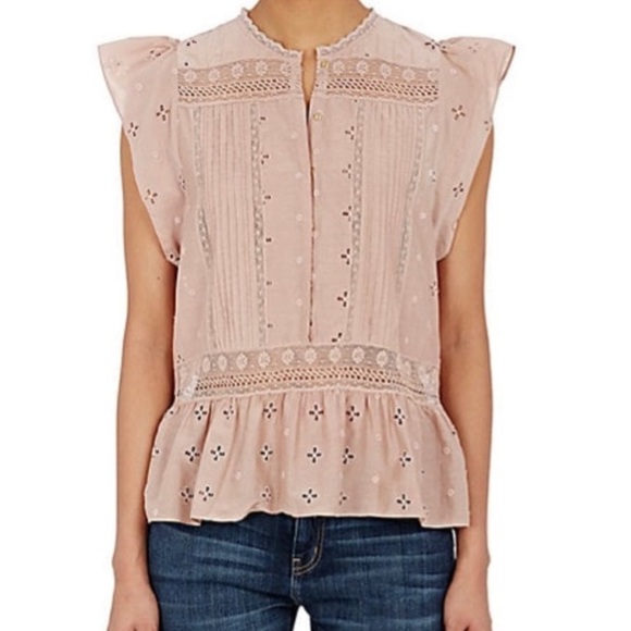 ULLA JOHNSON Oksana Flutter Sleeve Top in Dusty Rose Cotton+Silk Eyelet Blouse 4 - Picture 1 of 7